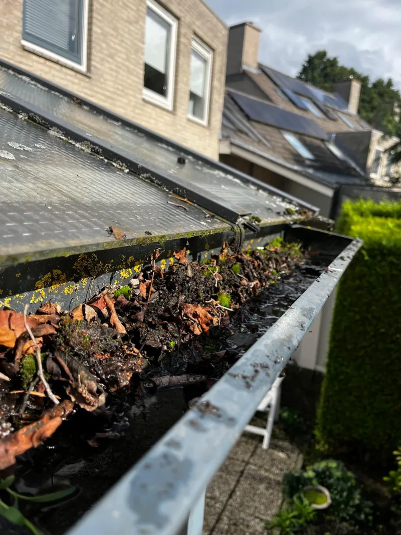 Dakgoot vol bladeren en vuil